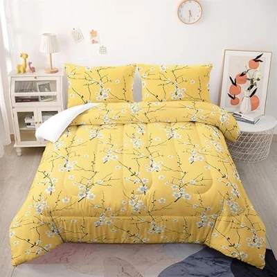 Image of Coverless Duvet Yellow Plum Blossom King Size Microfiber Bedspreads Lightweight Quilted All Seasons Comforter Soft Throw+2 Pillowcases(50x75cm) 240x220cm