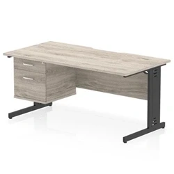 Image of Impulse 1600 x 800mm Scalloped Edge Office Desk Grey Oak Top Black Cable Managed Leg Workstation 1 2 Drawer Fixed Pedestal