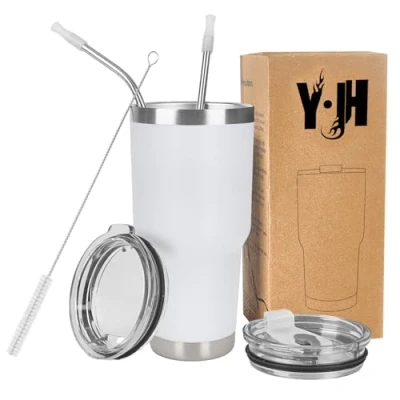 Image of Y·J&amp;H 30oz (850ml) Travel Tumbler Double Wall Vacuum Insulated Coffee Mug Stainless Steel Cup with 2 Splash Proof Lid, Straws &amp; Free Cleaning Brush, BPA White