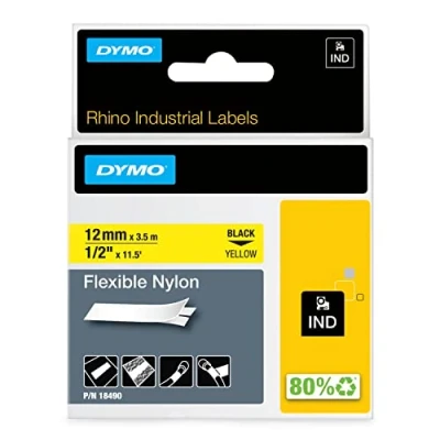 Image of DYMO Rhino Industrial Flexible Nylon Labels 12 mm x 3.5 m Black Print on Yellow Self Adhesive for &amp; LabelManager Label Makers