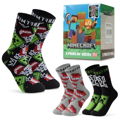 Image of Minecraft Boys Socks 3 Pack or 5 Cotton Rich Crew Kids Ankle Everyday School Sports Gaming Gifts for (Black/Grey, 7 10 Years, 12.5 3.5 UK)