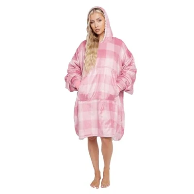 Image of GC GAVENO CAVAILIA Checked Hoodie Blanket, Oversized Sherpa Hooded, Wearable Hoody Sweatshirt, Soft Warm Tartan Big Blanket Throw Blush Pink Hoodie, One Size Fits Unisex Stich Hoodies