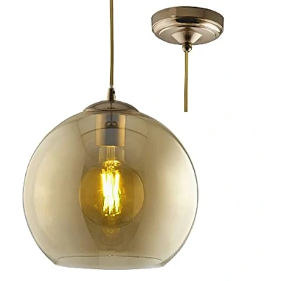 Image of Britalia Antique Brass &amp; Amber Glass Dome Shade Vintage Pendant Ceiling Light 30cm Diameter 1 x E27 ES Lamp Bulb Required (Not Included) Retro Design