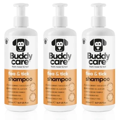 Image of Buddycare Flea &amp; Tick Dog Shampoo Eliminates Fleas, Ticks Mites Deep Cleansing for Dogs, Tea Tree Eucalyptus Dogs (500ml x3)