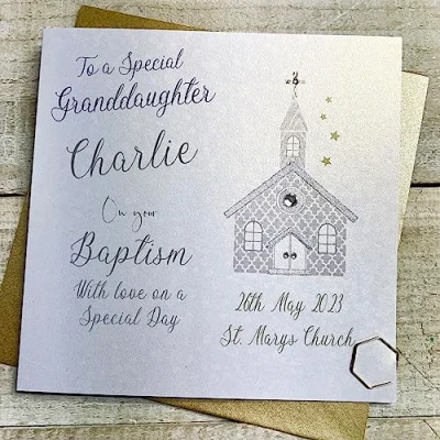 Image of WHITE COTTON CARDS GRANDDAUGHTER PERSONALISED BAPTISM CARD, CHURCH DESIGN, HAND FINISHED (X) P23 15 B GD