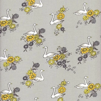 Image of Textiles français Swanning Around Floral Fabric &#039;Swans&#039; collection (Grey/Yellow) mini design French Cotton 140CM / 55&quot; Wide Per Half Metre