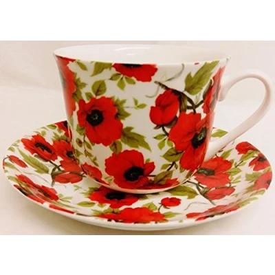 Image of Fromeuropewithlove Red Poppy Breakfast Cup &amp; Saucer Fine Bone China Large Poppies Floral Set Hand Decorated in the U.K.