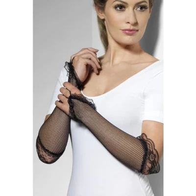 Image of Smiffys Fingerless Fishnet Gloves Black, Black with Lace, Fever Fancy Dress, Dress Up Accessories