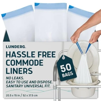 Image of Lunderg Commode Liners Value Pack 50 Count Universal Fit Medical Grade Bedside Disposable for Adult Chair, Portable Toilet Bags or Camping