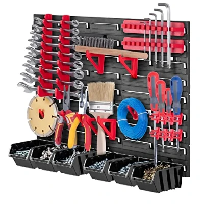 Image of KADAX Workshop Shelf, 58 x 39 cm Tool Wall Shelf Made of Robust Plastic, UV Resistant Storage System, Expandable Plates, for Garage (Red/Black, 26 Pieces), K7699