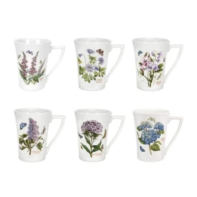 Image of Portmeirion Botanic Garden 10oz Mandarin Shape Mug Set of 6 Assorted Floral Motifs Fine Earthenware Dishwasher, Microwave, Freezer, Oven Safe Made in England