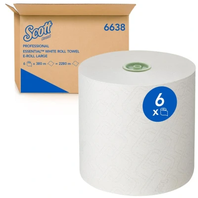 Image of Scott Essential Rolled Hand Towels 6638 E Roll Large Paper Towel 6 x 380m White Rolls (2,280m total)