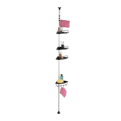 Image of Relaxdays Telescopic Shower Caddy, 99 311 cm, Corner Shelf, No Drilling, Tension Rod, with 4 Shelves &amp; Towel Bar, Black, Plastic, Stainless steel