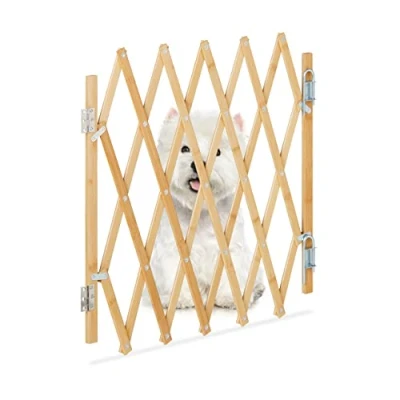 Image of Relaxdays Safety Gate, Barrier, Extendable up to 96 cm, 48.5 60 cm high, Bamboo, Stair &amp; Door Dog Guard, Natural