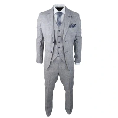 Image of Mens 3 Piece Summer Suit Grey Check Blue Black Tailored Fit Classic Wedding Formal 50