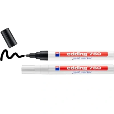 Image of edding 750 paint marker black white pack of 2 pens round nib 4 mm for marking and labelling metal, glass, rocks, plastic heat resistant, permanent, smudge proof waterproof