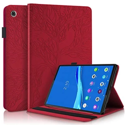 Image of CaseFun Case for Lenovo Tab M10 Plus Tree of Life Slim PU Leather Flip Wallet Stand Cover Anti Slip with Pencil Holder Card Holder, Red