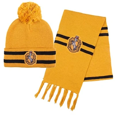 Image of Harry Potter Hufflepuff Hat &amp; Scarf Set Winter Accessory, Yellow, One Size