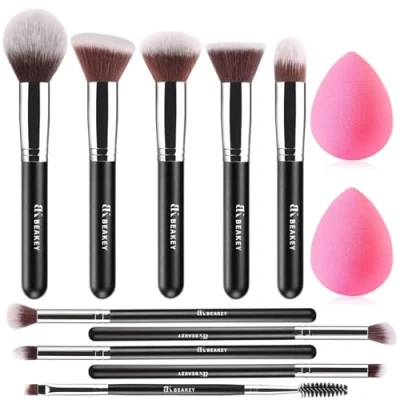 Image of BEAKEY Diversity Make up Brushes 12Pcs Makeup Kit, Premium Synthetic Kabuki Foundation Face Powder Concealers Eyeshadow Blush Set, with 2pcs Blender Sponges (Black/Silver)