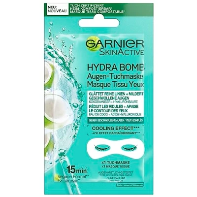 Image of Garnier Eye Cloth Mask Moisturising Against Swollen Eyes Smoothing Fine Lines Vegan Formula with Coconut Water and Hyaluronic Acid Hydra Bomb 6g