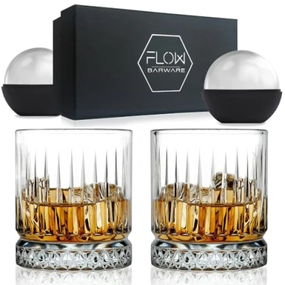 Image of FLOW Barware GEO Whiskey Glasses 350ml Whisky Glass Set of 2 Tumbler for Scotch, Bourbon, Gin &amp; Tonic Negroni Cocktail Glassware Gift