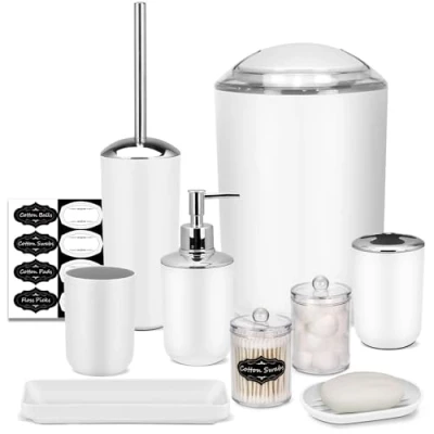 Image of IMAVO Bathroom Accessory Set 8 Pcs White Accessories with Trash Can, Soap Dispenser, Dish, Toothbrush Holder, Cup, Toilet Brush Qtip Holder Dispenser Labels