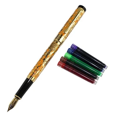 Image of Gullor Advanced Fountain Pen Jinhao 5000 Orange and Gold Dragon Year with Gift Box Ink cartridges