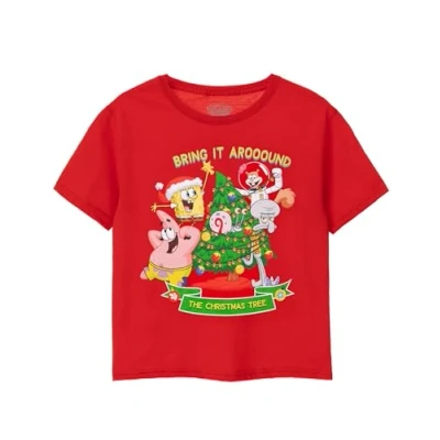 Image of SPONGEBOB SQUAREPANTS Kids Christmas T Shirt Boys &amp; Girls Tree Short Sleeve Seasonal Graphic Tee Patrick Squidward Sandy Gary Red Festive Top Xmas Merchandise Gift