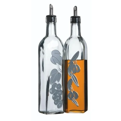 Image of KitchenCraft World of Flavours Oil and Vinegar Bottle Set with Decorative Design, Glass, 500 ml, 2 Count (Pack 1)