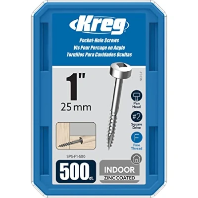 Image of Kreg SPS F1 500 Zinc Pocket Screws, 1 Inch, #6 Fine Thread, Pan Head (500 Count)