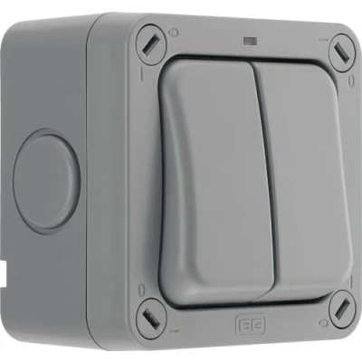 Image of BG Electrical Outdoor Double Switch with LED Indicator, Weatherproof, Grey, Nexus Storm, 2 Way, 20A, IP66 Rated, WP42
