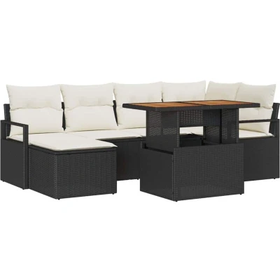 Image of vidaXL 7 Piece Garden Sofa Set with Cushions Black Poly Rattan Acacia