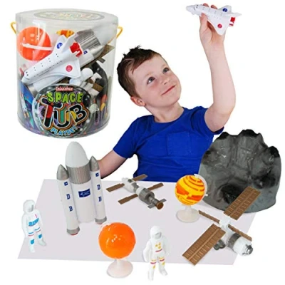 Image of Tub Playset Space from Deluxebase. Toy Set for Kids. Imagination toys with Astronauts, Planets, Rocket, Shuttle, Satellite and Moon Rock