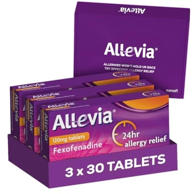 Image of Allevia Allergy Tablets Multipack 90 120mg Fexofenadine 24hr Relief Acts Within 1 Hour Non drowsy in Most People Relieves Hayfever, Pet, Dust and Mould Allergies