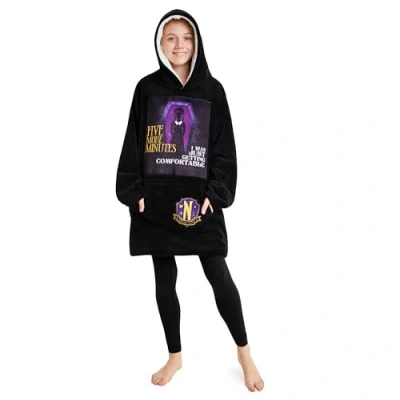 Image of Wednesday Fleece Hoodie Blanket for Girls Teenagers One Size Cosy Kids Oversized Gifts Her (Black/Purple)