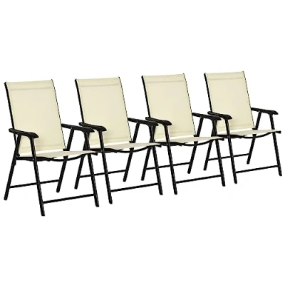 Image of Outsunny Set of 4 Folding Garden Chairs, Metal Frame Chairs Outdoor Patio Park Dining Seat with Breathable Mesh Seat, Beige