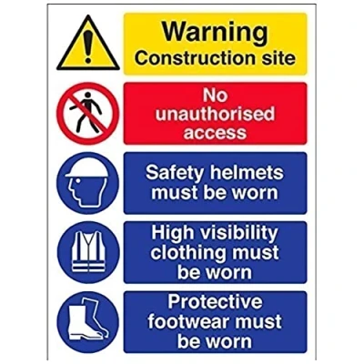 Image of V Safety 6C018BC R Multi Hazard Site High Viz Warning Sign Portrait 300mm x 400mm 1mm Rigid Plastic, Black/Blue/Red/Yellow