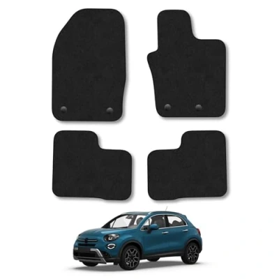 Image of Car Mats for Fiat 500x (2016+) Tailored Fit Carpet Floor Mat Set Accessory Black Custom Fitted 4 Pieces with Clips Anti Slip Backing &amp; Trim Edging