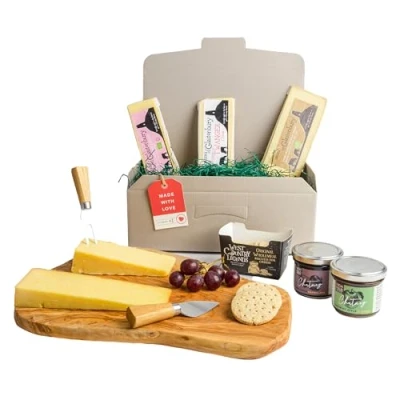 Image of Cheese Hamper Gift Set Includes Three Individually Wrapped Gourmet Cheeses, Marmalade, Chutney &amp; Biscuits Luxury Hamper, Selection Box Food Gifts