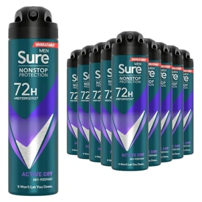 Image of Sure Antiperspirant 72H Nonstop Sweat and Odour Protection Alcohol Free Body Spray Anti White Marks with Fresh Sporty Scent Multi Fragrance Deodorant for Men, 150ml Pack of 12 (Active Dry)