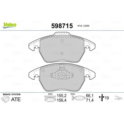 Image of 1611457880, 1617274580, 425260, 425343, E172359 Brake pad set VALEO 598715 Front Axle excl. wear warning contact with anti squeak plate