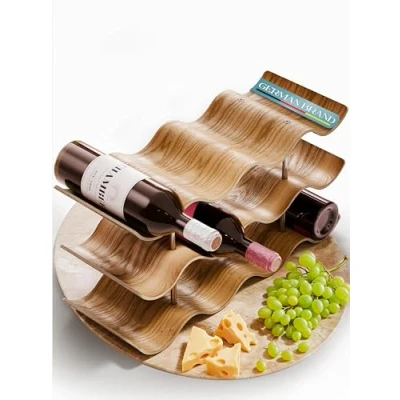 Image of Wave Decorative Elegant Bottle Rack 12 Bottles Wine with Three Shelves Natural in Walnut Lovers Curved Design Gift