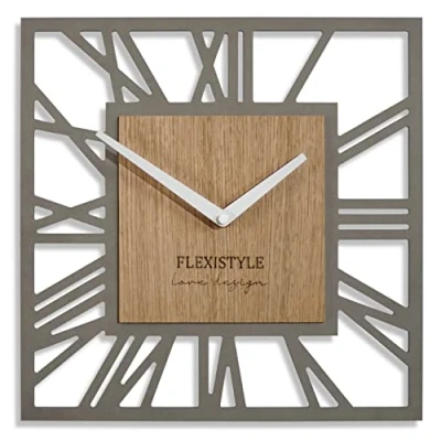 Image of FLEXISTYLE Square wall clock grey wooden oak 30cm unusual design roman digits silent non ticking for office living room