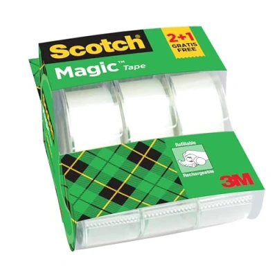 Image of Scotch Magic Tape, Promo Pack, 2 Rolls on Handheld Dispenser + 1 FREE, 19 mm x 7.5 m General Purpose Sticky Tape for Document Repair, Labelling &amp; Sealing