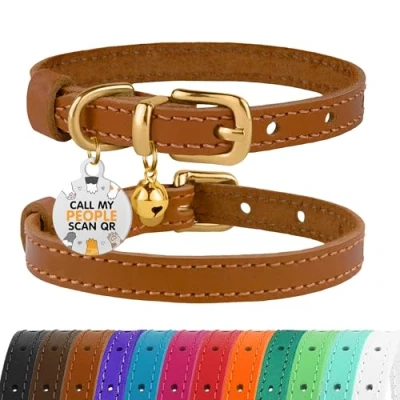Image of BRONZEDOG Leather Cat Collar with Buckle Adjustable Small Pet Collars for Kitten Black Brown Pink Purple Red Turquoise (18 22 cm, Light &amp; Gold)