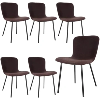 Image of LONGTOO Dining Chairs Set of 6, Made Teddy Fleece and Black Lacquered Metal Legs, for Rooms, Bedrooms Reception Brown