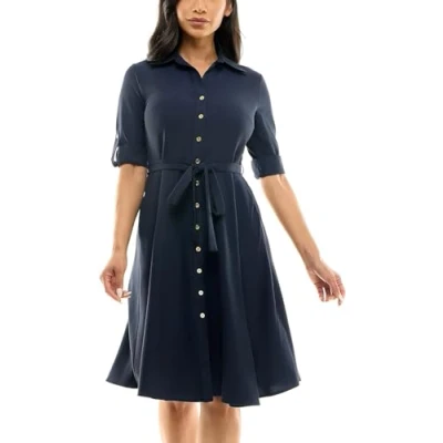 Image of Sharagano Women&#039;s Button Front Pleated Shirt Casual Dress, Deep Navy, 18 Plus