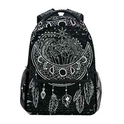 Image of Jeansame Backpack School Bag Laptop Travel Bags for Kids Boys Girls Women Men Vintage Black Moon Sun Feathers Bohemian