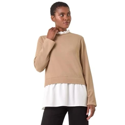 Image of Roman Womens Frill Neck Contrast Jersey Top Camel Size 10 UK