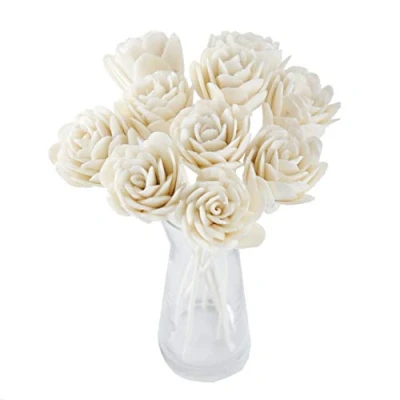 Image of Exotic Plawanature Set of 10 White Damask Rose Sola Wood Flower with Reed Diffuser for Home Fragrance.